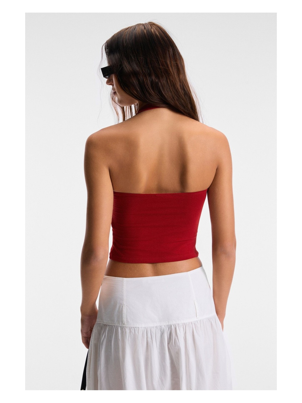 Grimelange MORIENNE Kadın Halter Yaka Kalın Askılı Sırtı Açık Crop Kırmızı Bluz - Görsel 5
