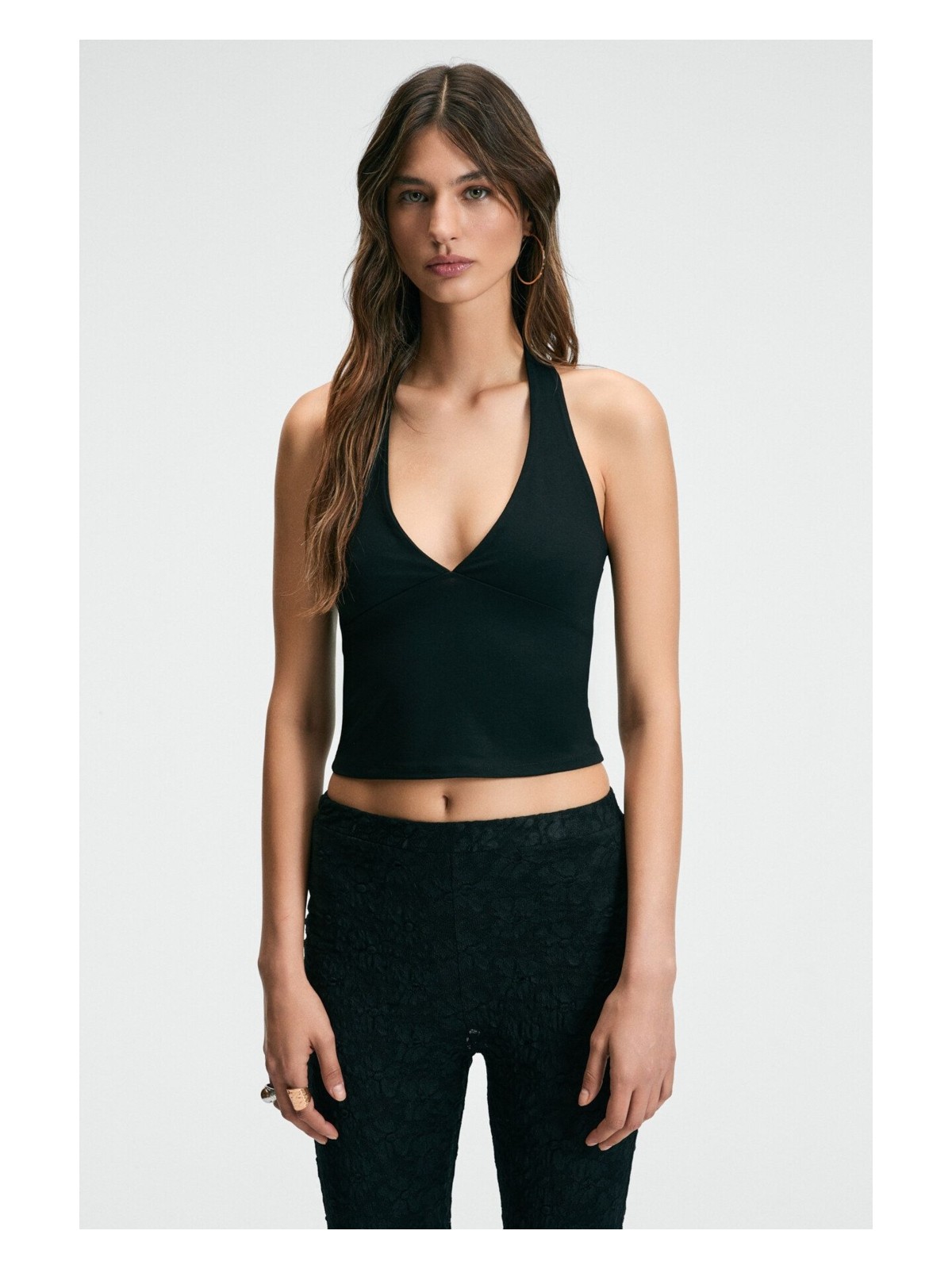 Grimelange MORIENNE Kadın Halter Yaka Kalın Askılı Sırtı Açık Crop Siyah Bluz