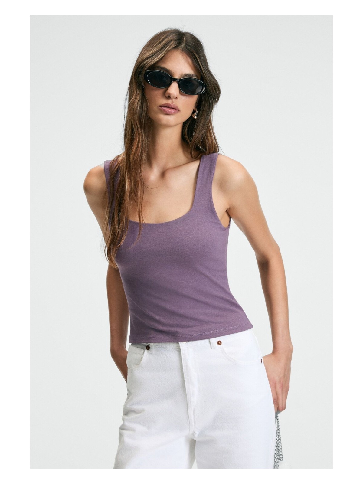 Grimelange Sanukı Kadın Slim Kısa Oyuk Yaka Mor Bluz