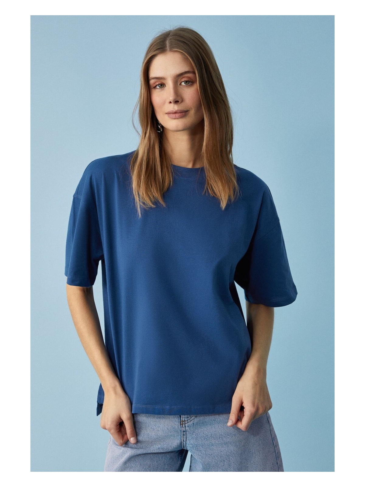 Grimelange Jemmy Kadın %100 Organik Pamuk Relaxed Fit Yırtmaçlı Yuvarlak Yakalı Lacivert T-Shirt