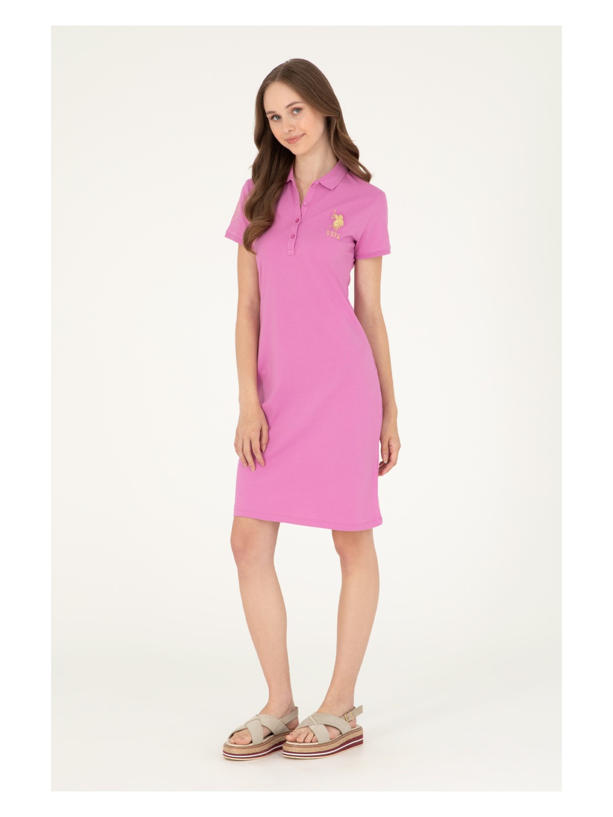 U.S. Polo Assn. Kadın Pembe Polo Yaka Mini Boy Örme Elbise 50280069-VR037