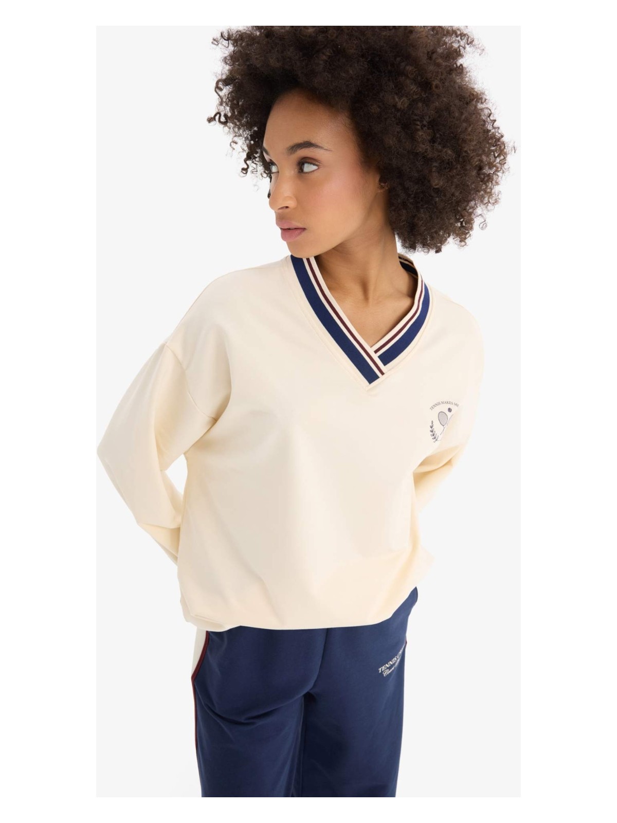 DeFacto Oversize Geniş Kalıp V Yaka Baskılı Sporcu Sweatshirt D7135AX25SP