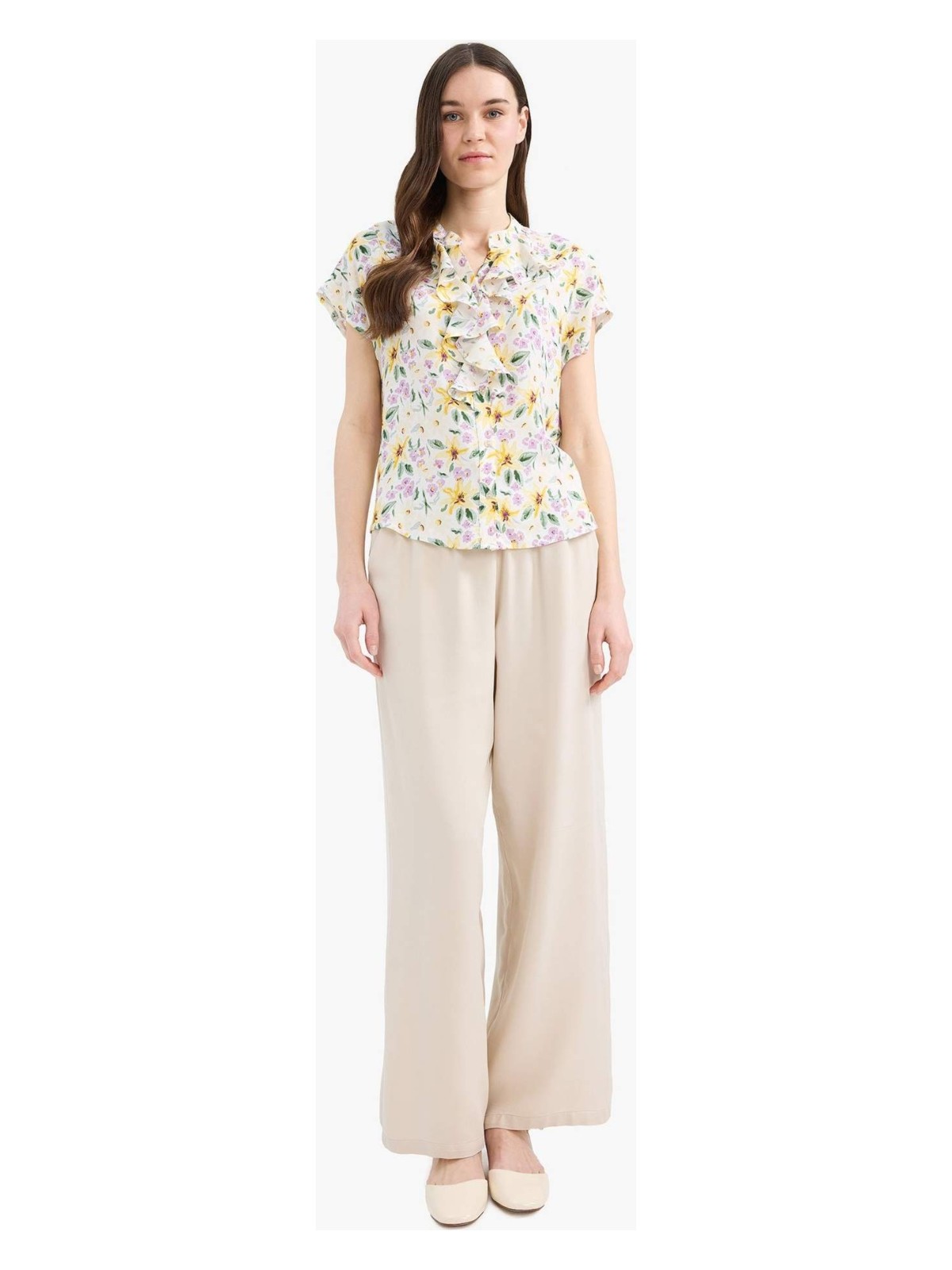 DeFacto Regular Fit Kaçık Yaka Çiçekli Kısa Kollu Bluz F0995AX25SM - Görsel 5