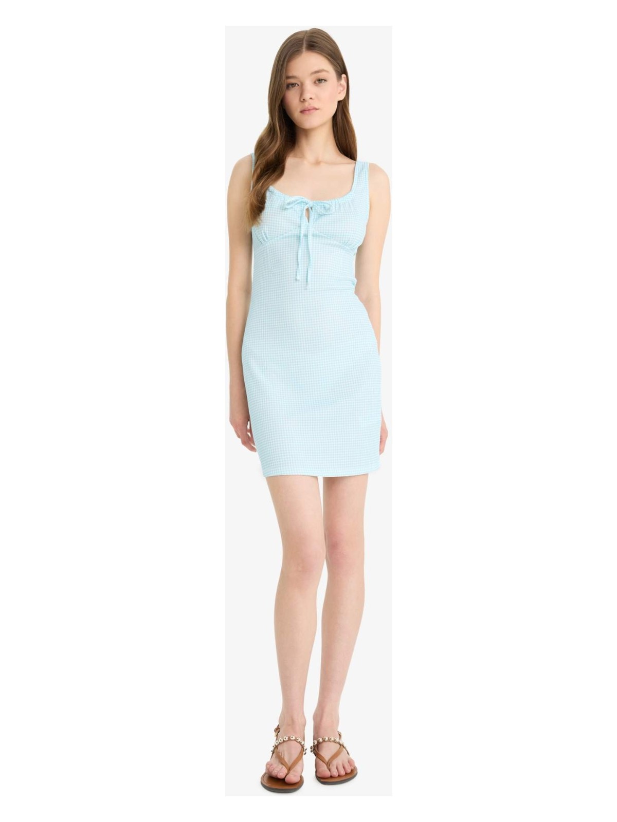 DeFacto Bodycon Vücudu Saran Kare Yaka Pötikareli Bürümcük Askılı Mini Yazlık Elbise F2759AX25SM - Görsel 3