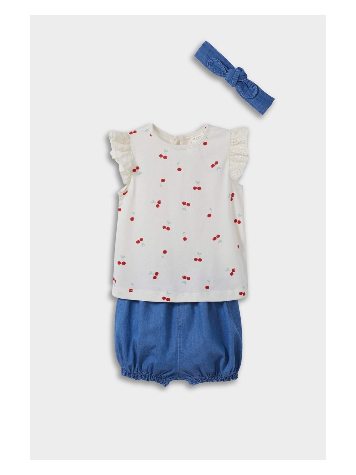 DeFacto 3'lü Takım Meyve Desenli Kısa Kollu Tişört Yumuşak Jean Şort Saç Bandı Kız Bebek E8363A525SM