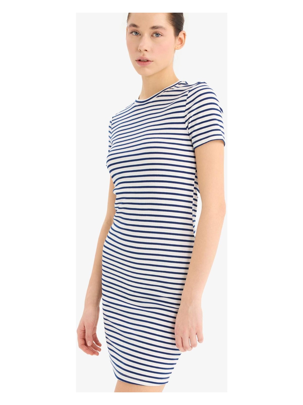 DeFacto Bodycon Vücudu Saran Bisiklet Yaka Çizgili Fitilli Kaşkorse Kısa Kollu Mini Elbise C1733AX25SP - Görsel 2