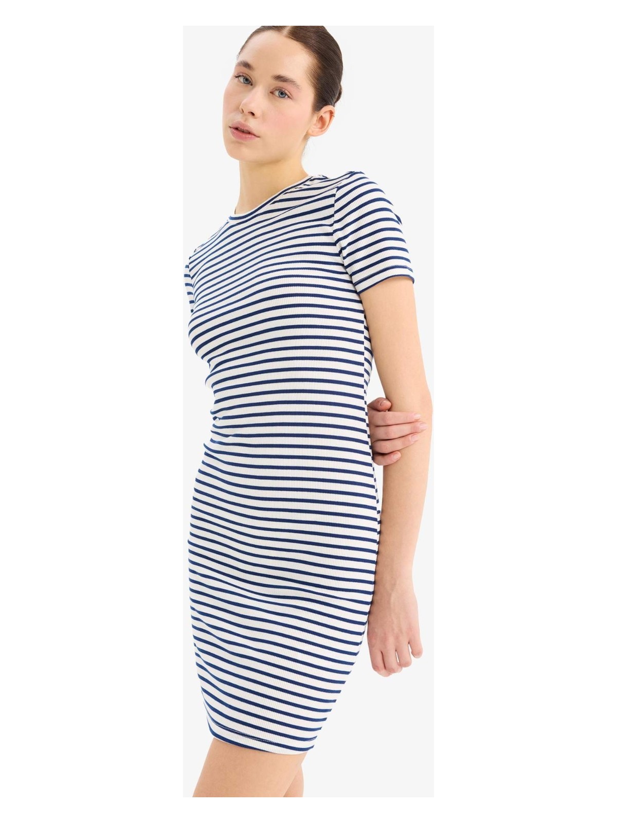 DeFacto Bodycon Vücudu Saran Bisiklet Yaka Çizgili Fitilli Kaşkorse Kısa Kollu Mini Elbise C1733AX25SP - Görsel 3