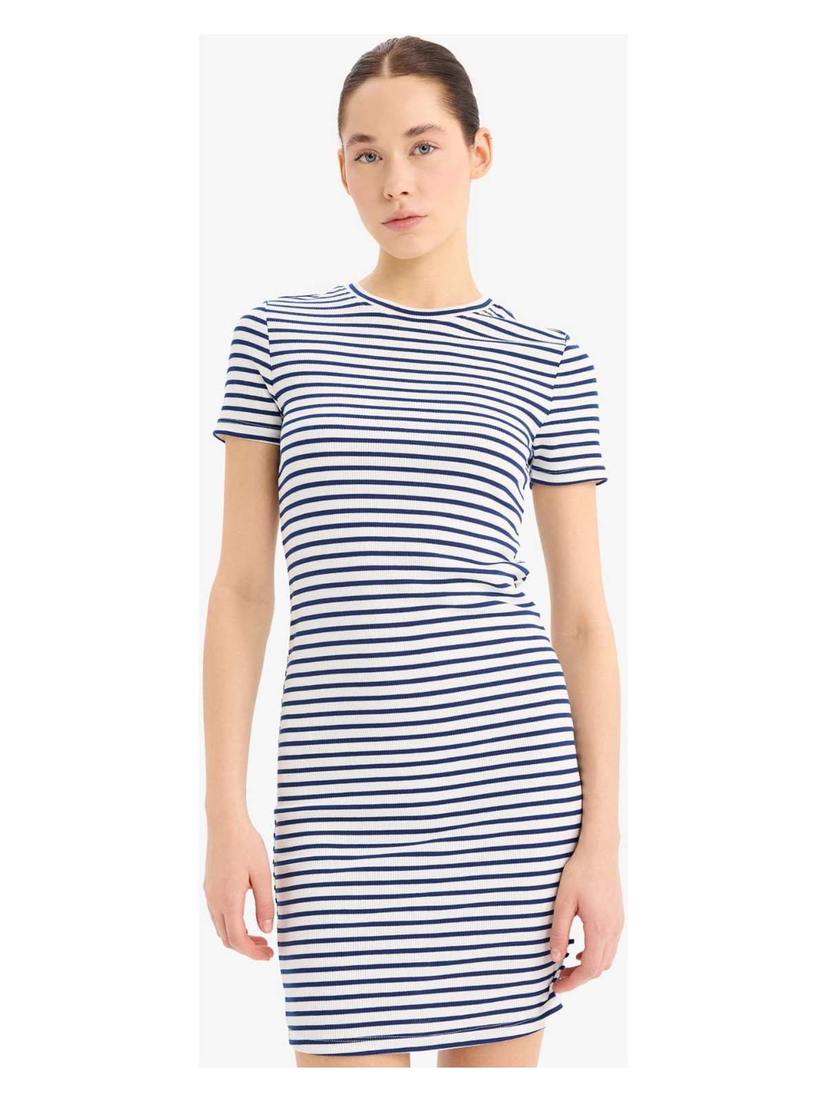 DeFacto Bodycon Vücudu Saran Bisiklet Yaka Çizgili Fitilli Kaşkorse Kısa Kollu Mini Elbise C1733AX25SP - Görsel 4