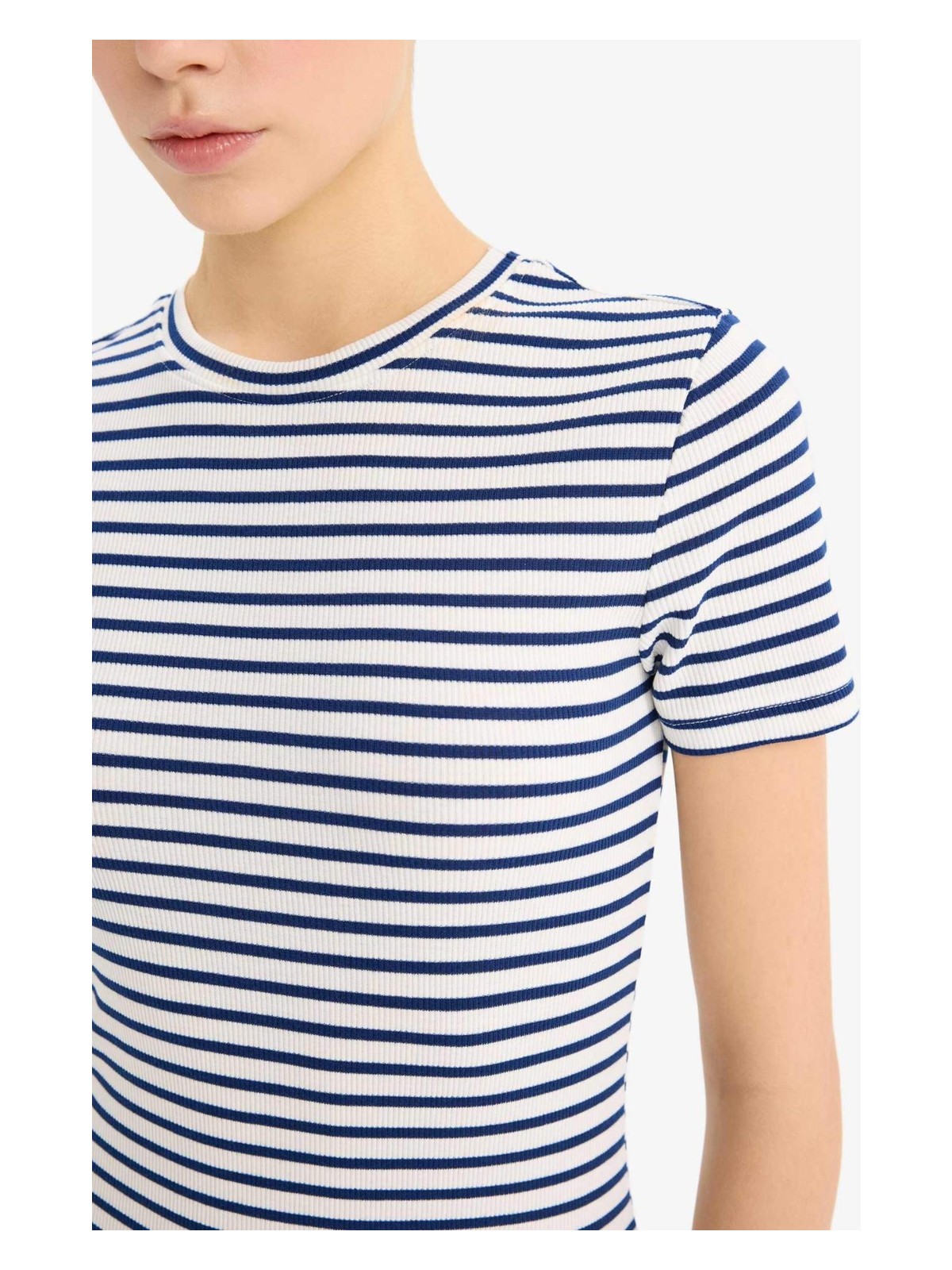 DeFacto Bodycon Vücudu Saran Bisiklet Yaka Çizgili Fitilli Kaşkorse Kısa Kollu Mini Elbise C1733AX25SP - Görsel 5