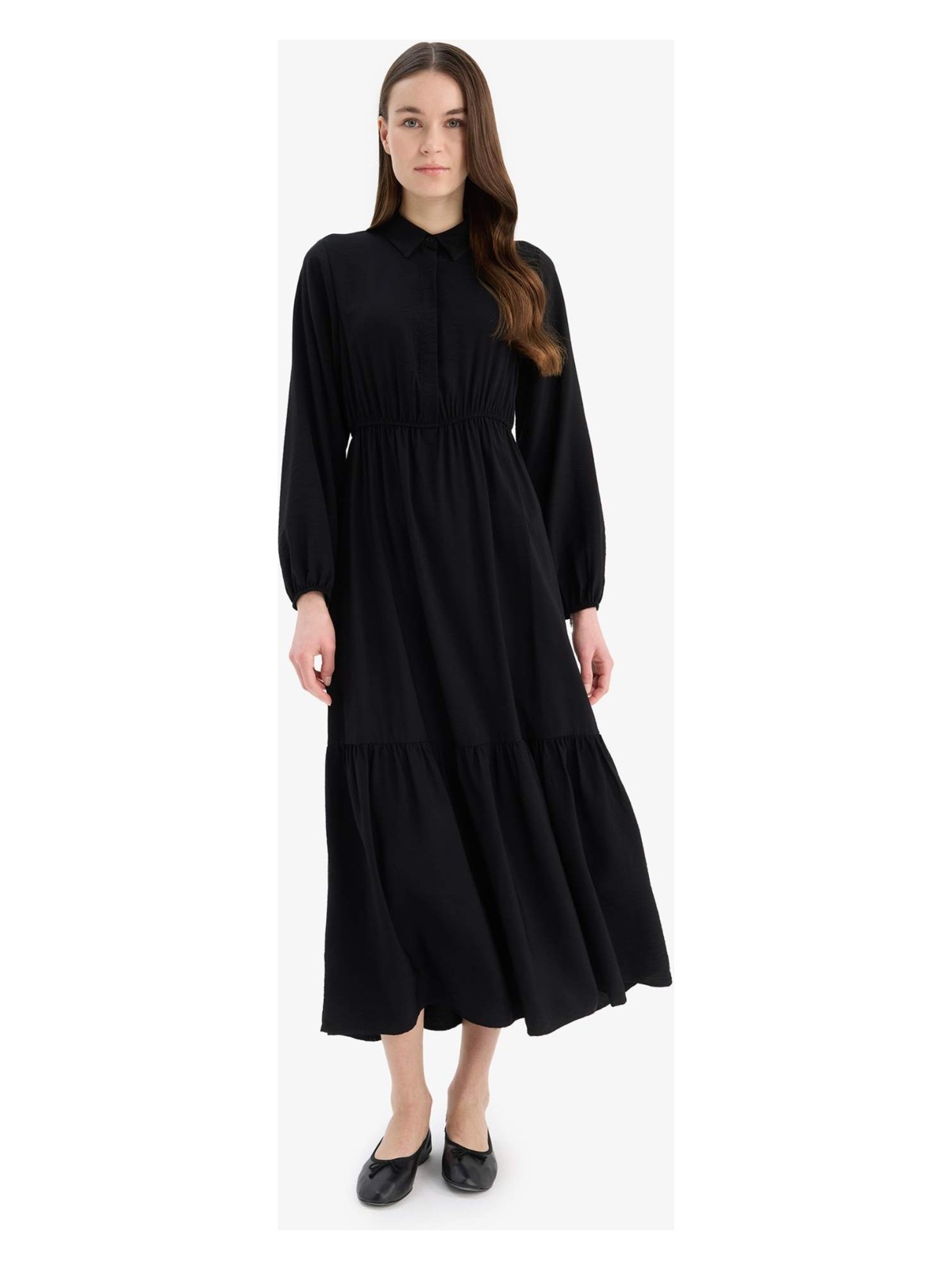 DeFacto Gömlek Yaka Basic Düz Düğmeli Beli Büzgülü Uzun Kollu Maxi Elbise D5851AX25SP