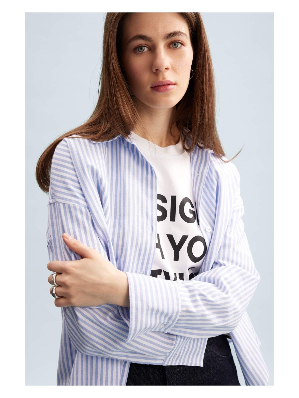 DeFacto Oversize Geniş Kalıp Çizgili Oxford Uzun Kollu Gömlek D4512AX25SP - Görsel 3