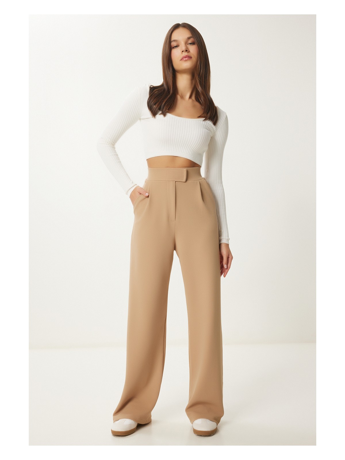 Happiness İstanbul Beli Cırtlı Rahat Palazzo Pantolon LRV0003 LACİVERT - Görsel 3