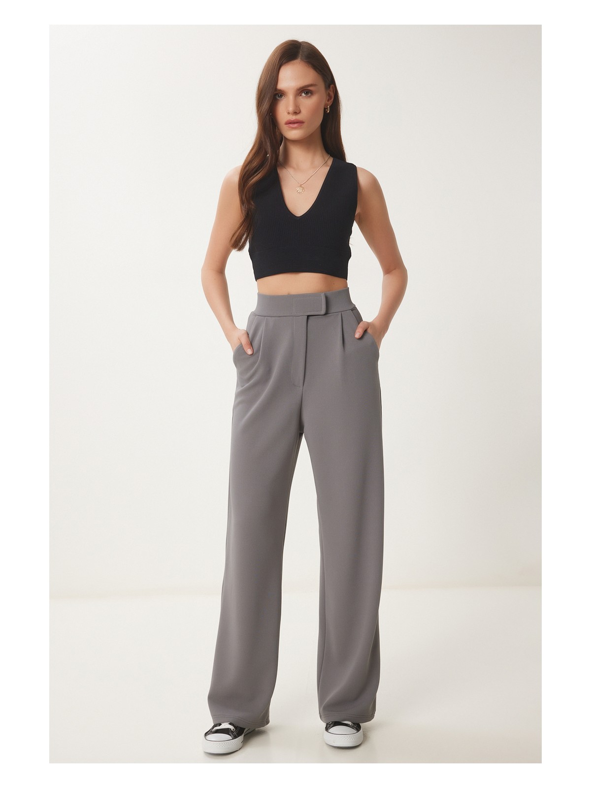 Happiness İstanbul Beli Cırtlı Rahat Palazzo Pantolon LRV0003 LACİVERT - Görsel 7