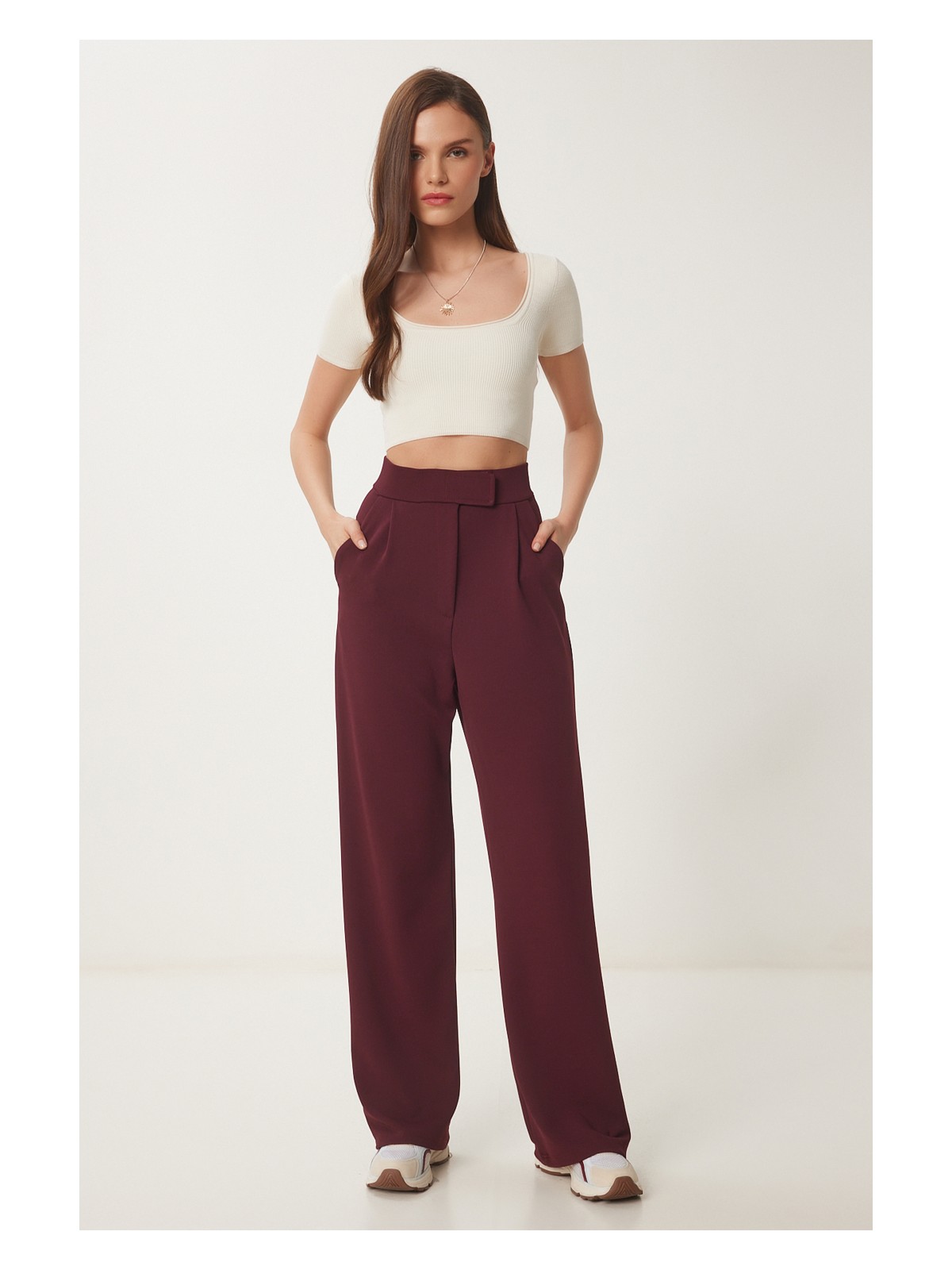 Happiness İstanbul Beli Cırtlı Rahat Palazzo Pantolon LRV0003 LACİVERT - Görsel 5