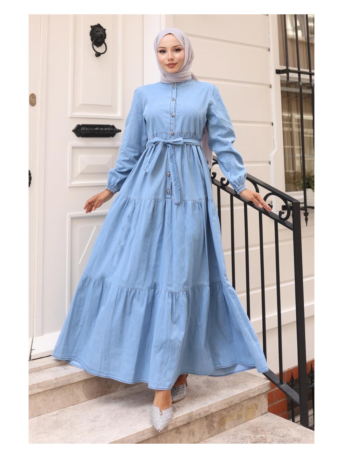 Moda Mihram Düğmeli Kat Kat Kot Elbise Açık Mavi 19263