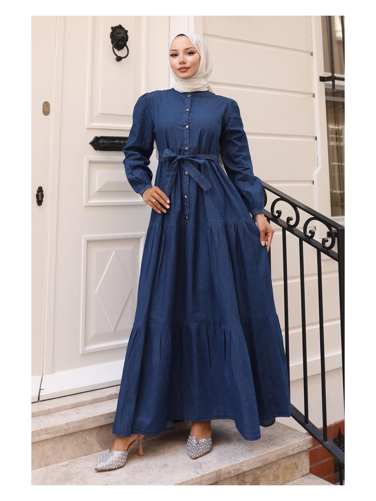 Moda Mihram Düğmeli Kat Kat Kot Elbise Açık Mavi 19263 - Görsel 4