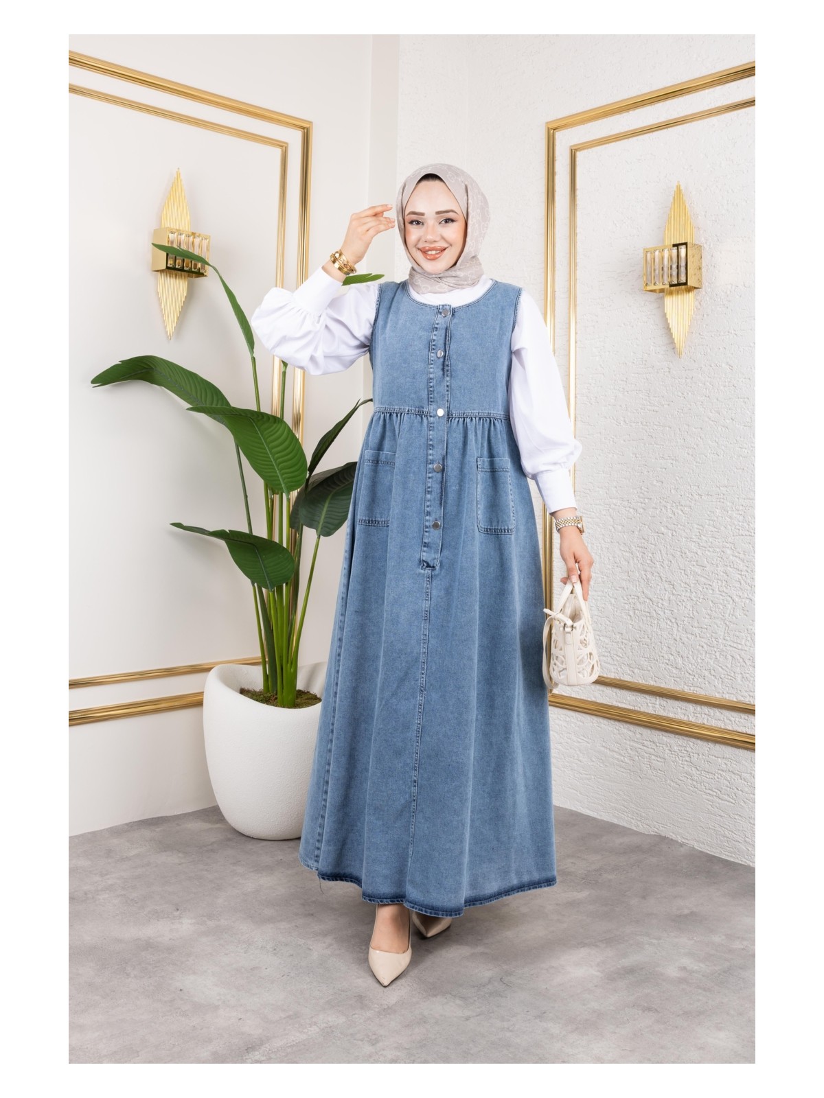 Harma Time Butik Kadın Düğmeli Bel Büzgülü Lacivert Kot Jile - Görsel 4