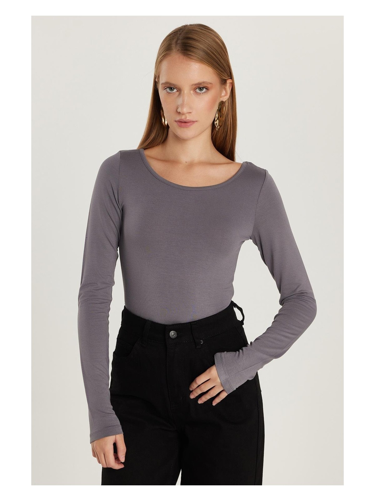 Tudors Kadın Slim Fit Dar Kesim Uzun Kollu Viskon Gri Bluz