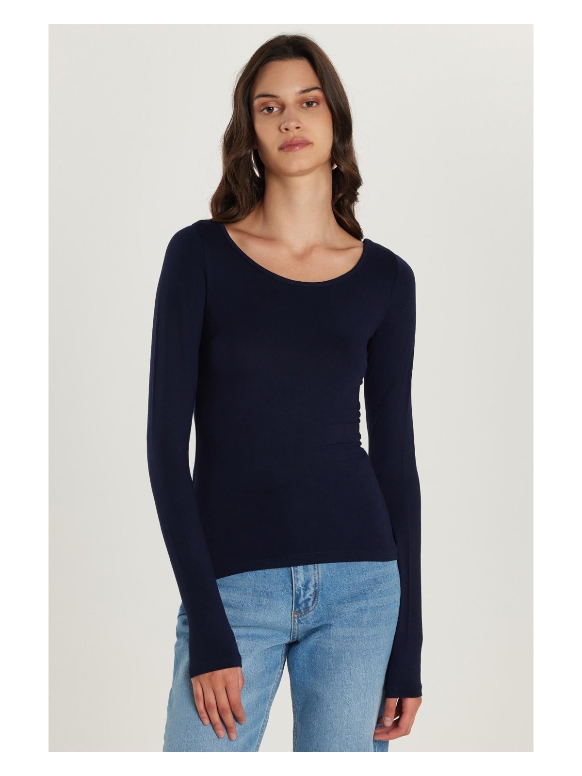 Tudors Kadın Slim Fit Dar Kesim Uzun Kollu Viskon Lacivert Bluz