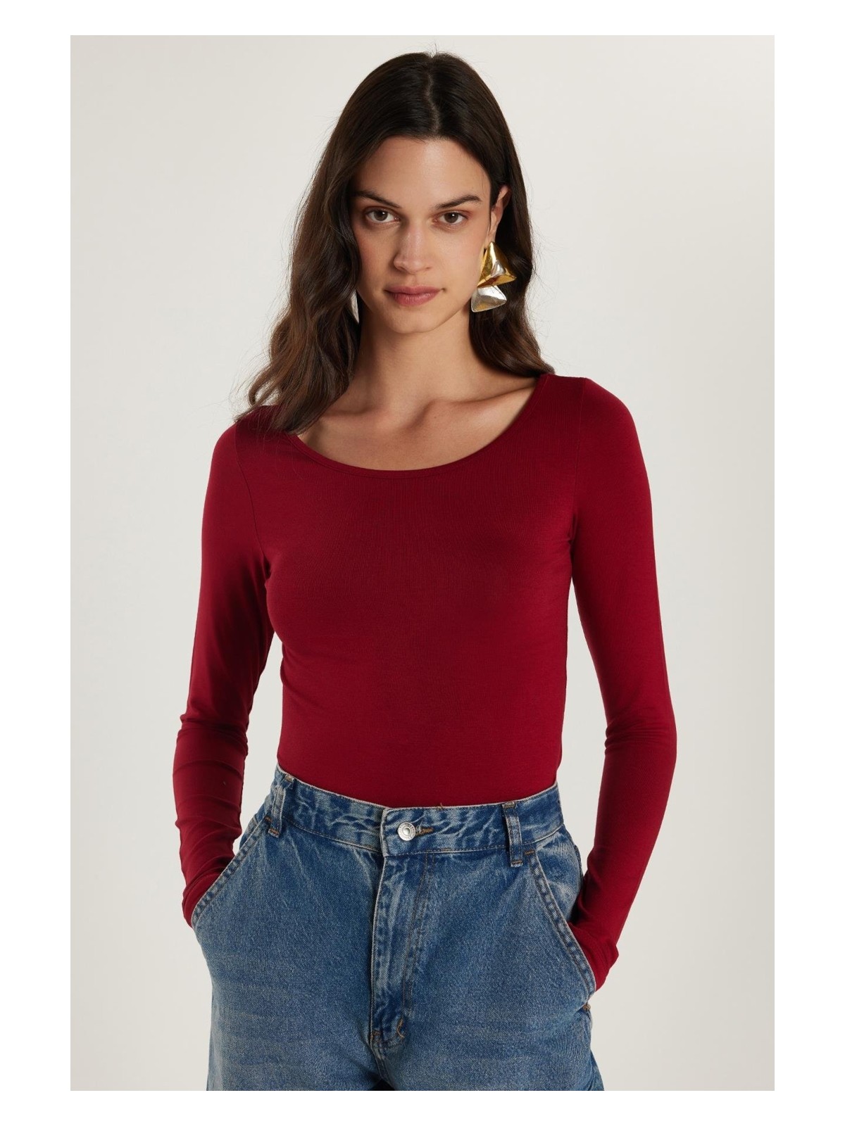Tudors Kadın Slim Fit Dar Kesim Uzun Kollu Viskon Bordo Bluz