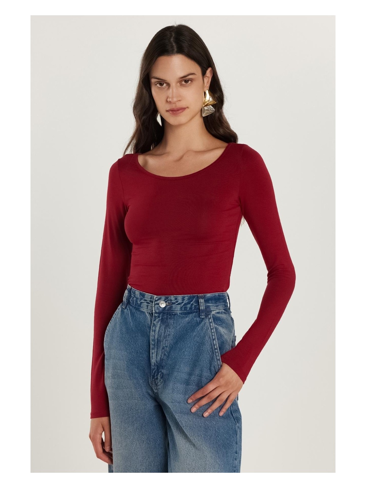 Tudors Kadın Slim Fit Dar Kesim Uzun Kollu Viskon Bordo Bluz - Görsel 4