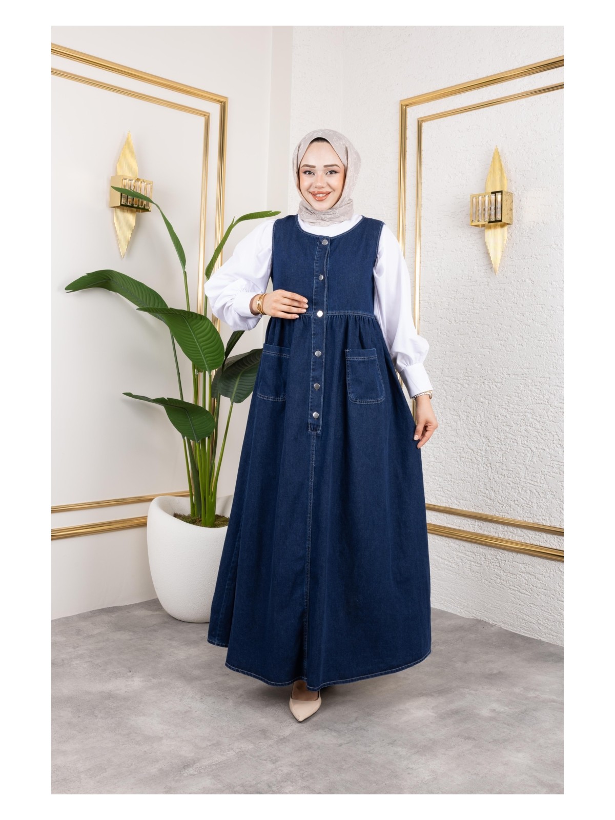 Harma Time Butik Kadın Düğmeli Bel Büzgülü Lacivert Kot Jile