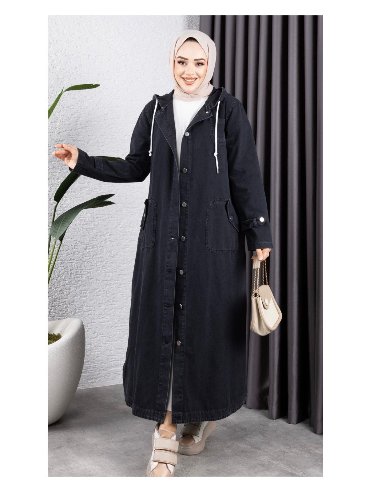 Harman Butik Kadın Cepli Düğmeli Kapüşonlu Denim Kot Trençkot - Görsel 4