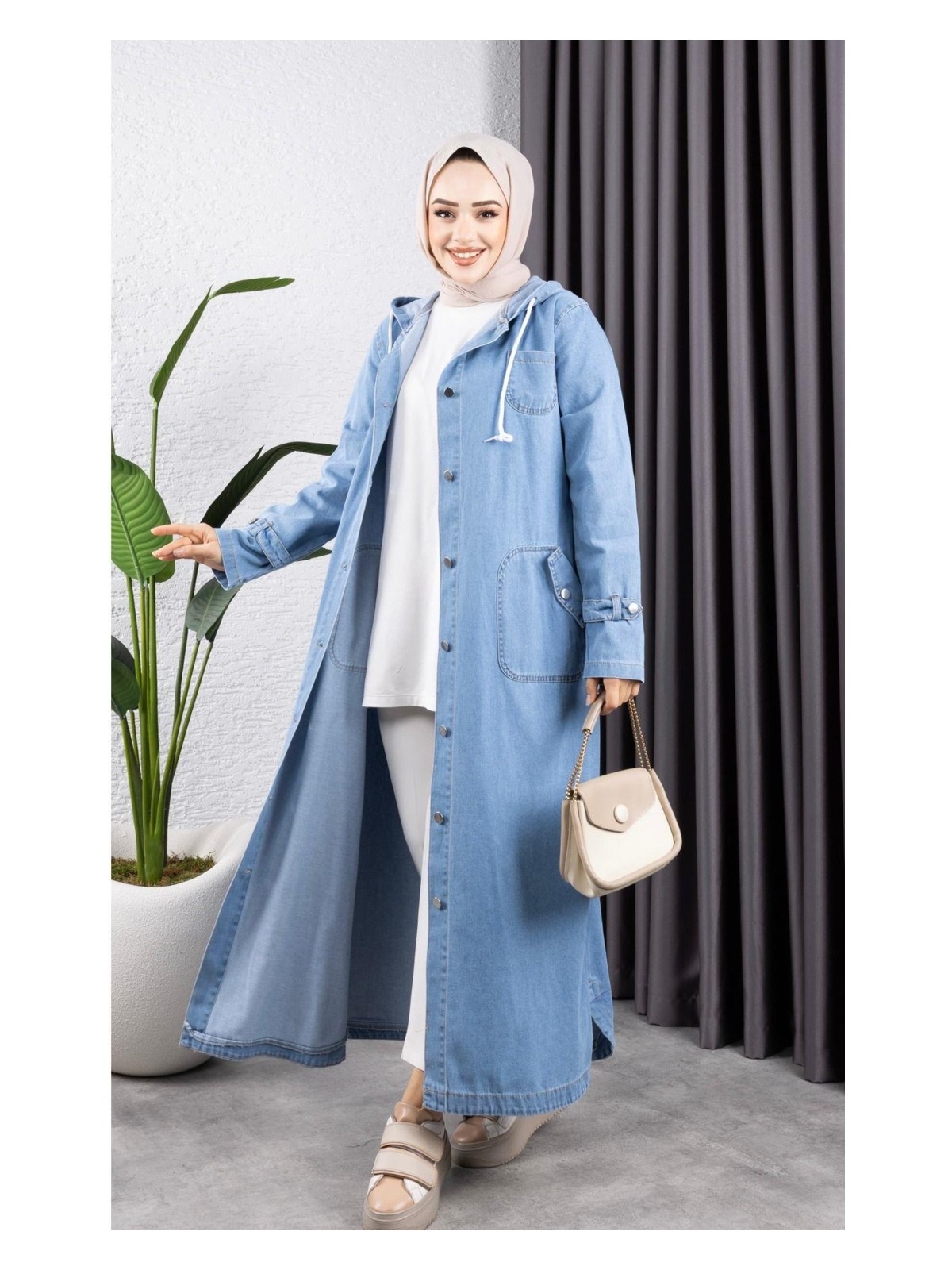 Harman Butik Kadın Cepli Düğmeli Kapüşonlu Denim Kot Trençkot - Görsel 5