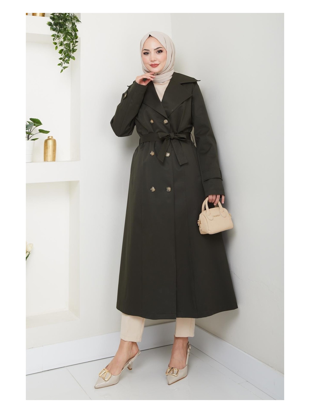 Harman Butik Kadın Düğmeli Kuşaklı Siyah Trençkot - Görsel 3