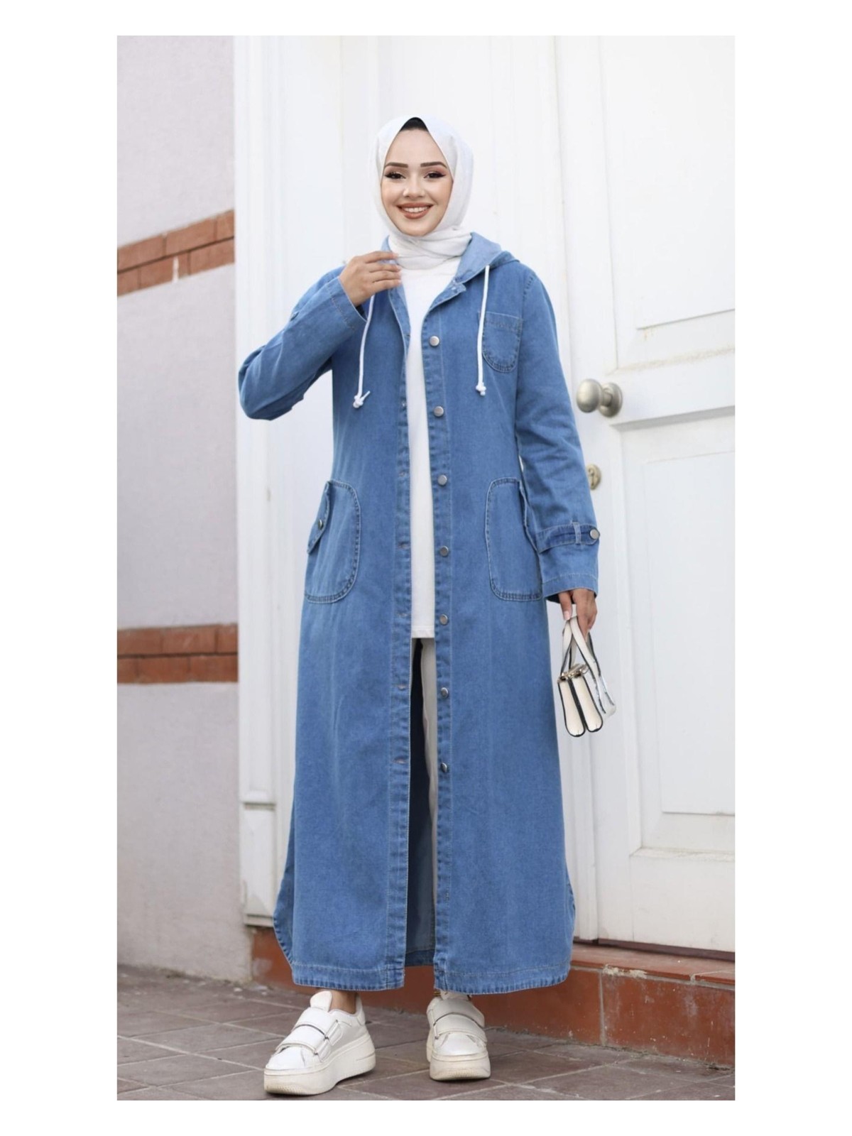 Harman Butik Kadın Cepli Düğmeli Kapüşonlu Denim Kot Trençkot - Görsel 6