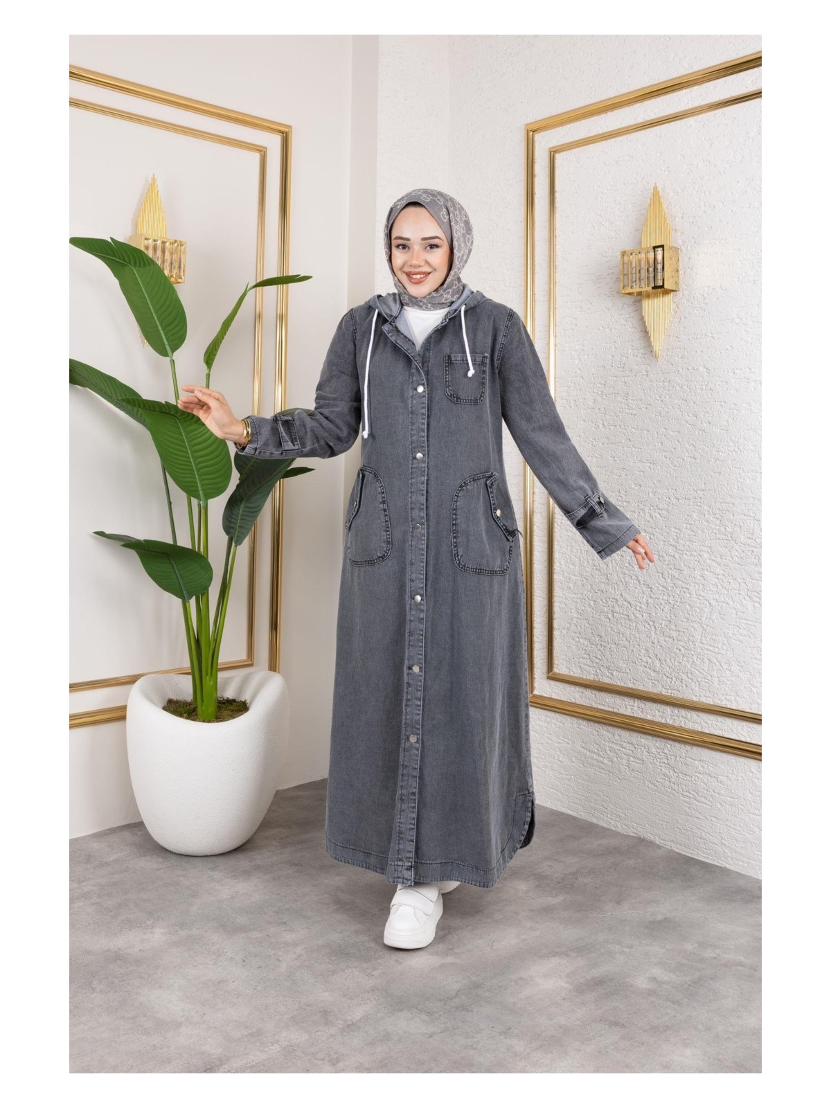 Harman Butik Kadın Cepli Düğmeli Kapüşonlu Denim Kot Trençkot - Görsel 3