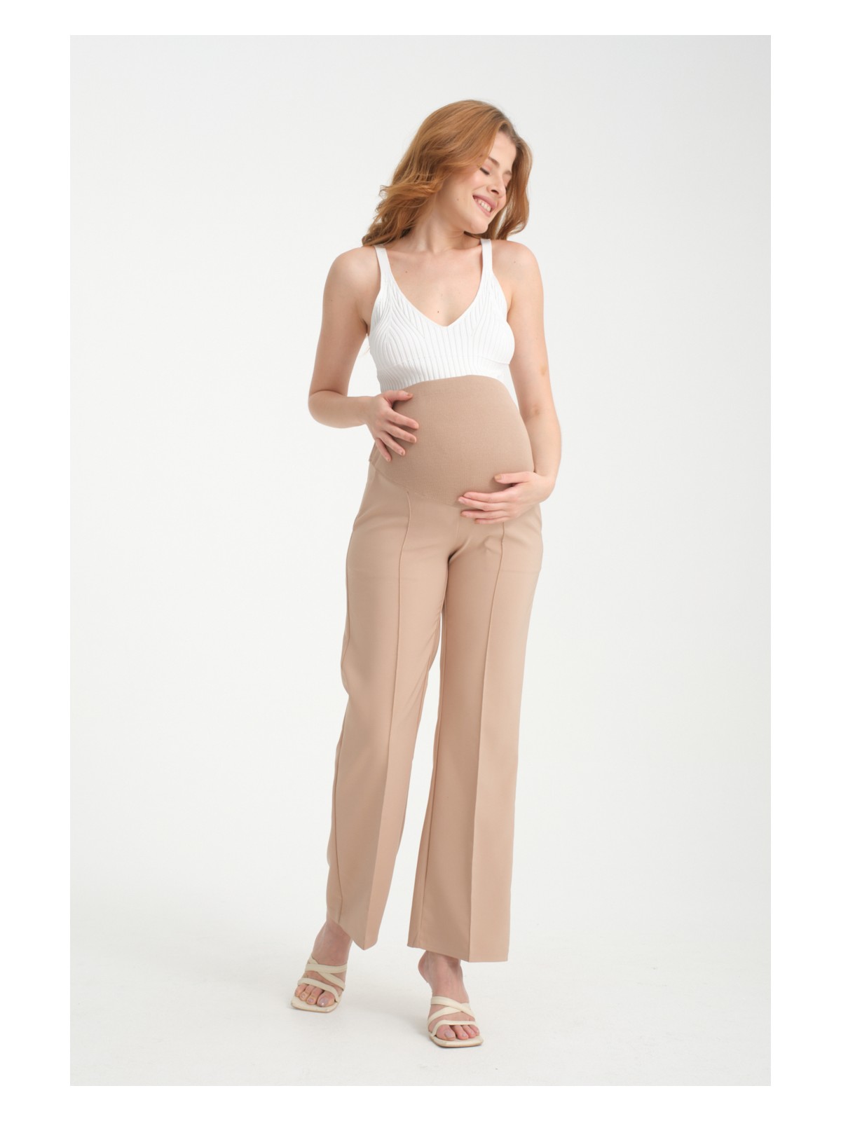 Katlin Maternity Hamile Geniş Paça Beli Ayarlanabilir Kumaş Pantolon Önü Dikiş detaylı - Görsel 5