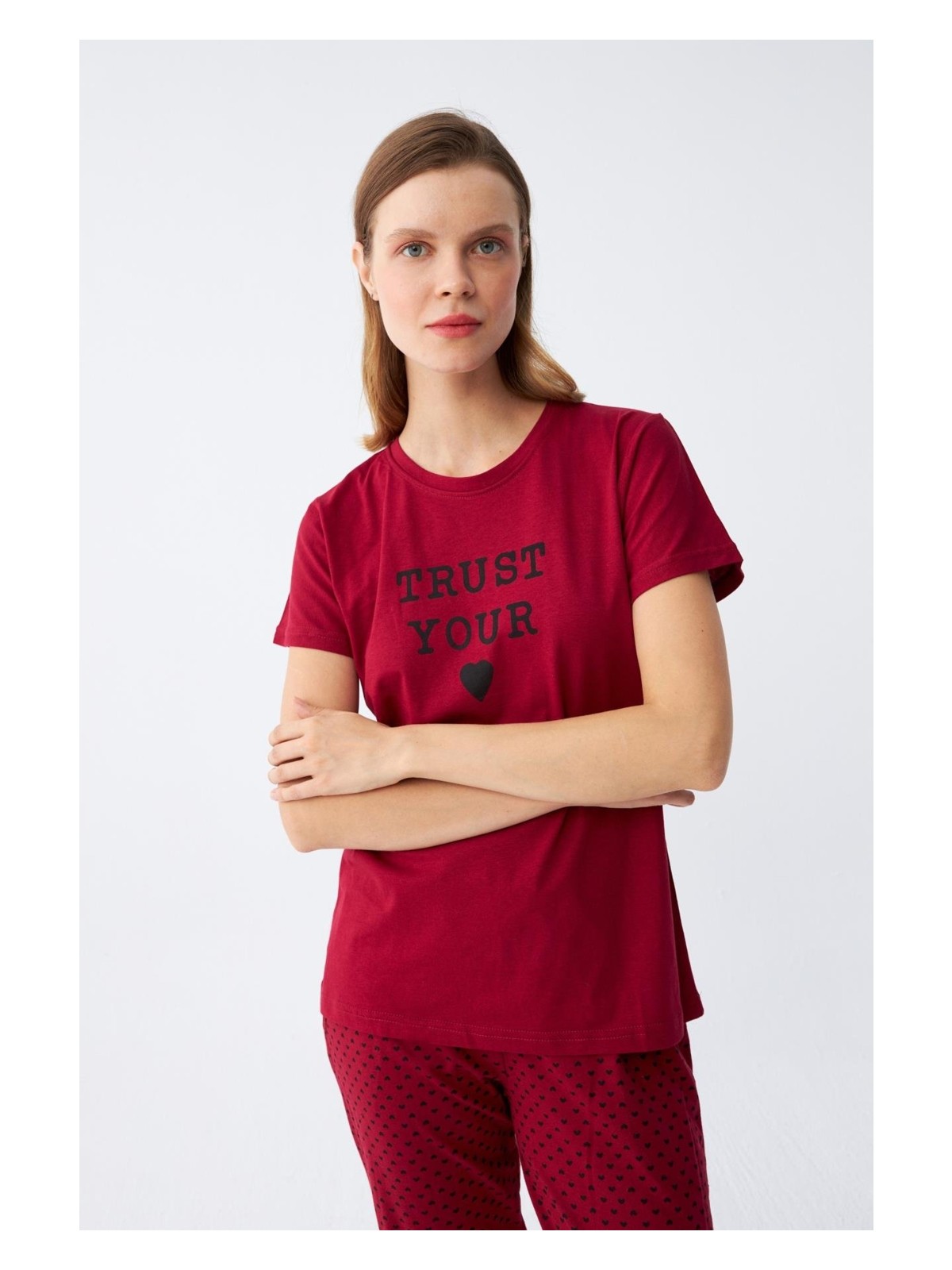 Akbeniz Kadın Bordo Kalp Desenli Kısa Kollu Penye Pijama Takımı