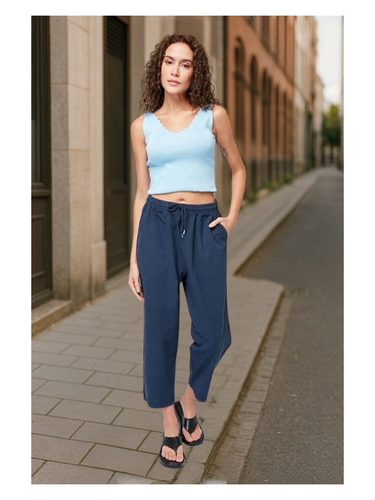 BirbeyStore Kapri Eşofman Hambez Rahat Kalıp Yazlık Beli Lastikli Keten Görünümlü - Görsel 3