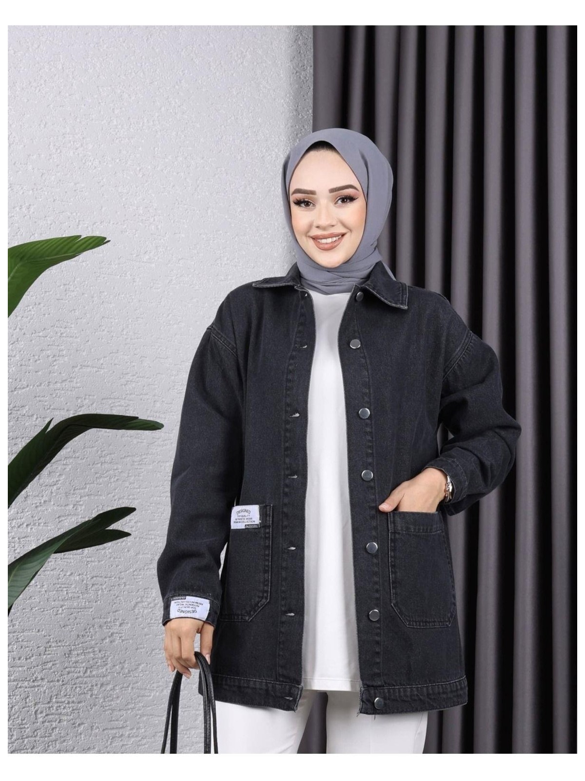 Harman Butik Kadın Düğmeli Cepli Gri Kot Ceket - Görsel 3