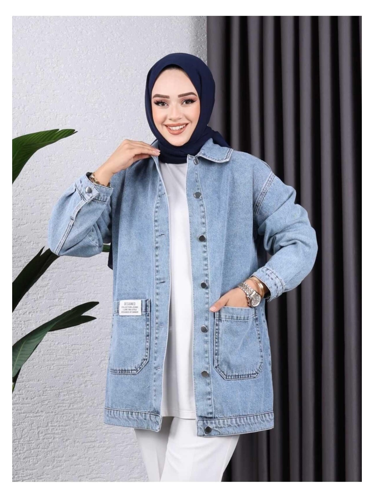 Harman Butik Kadın Düğmeli Cepli Gri Kot Ceket - Görsel 4