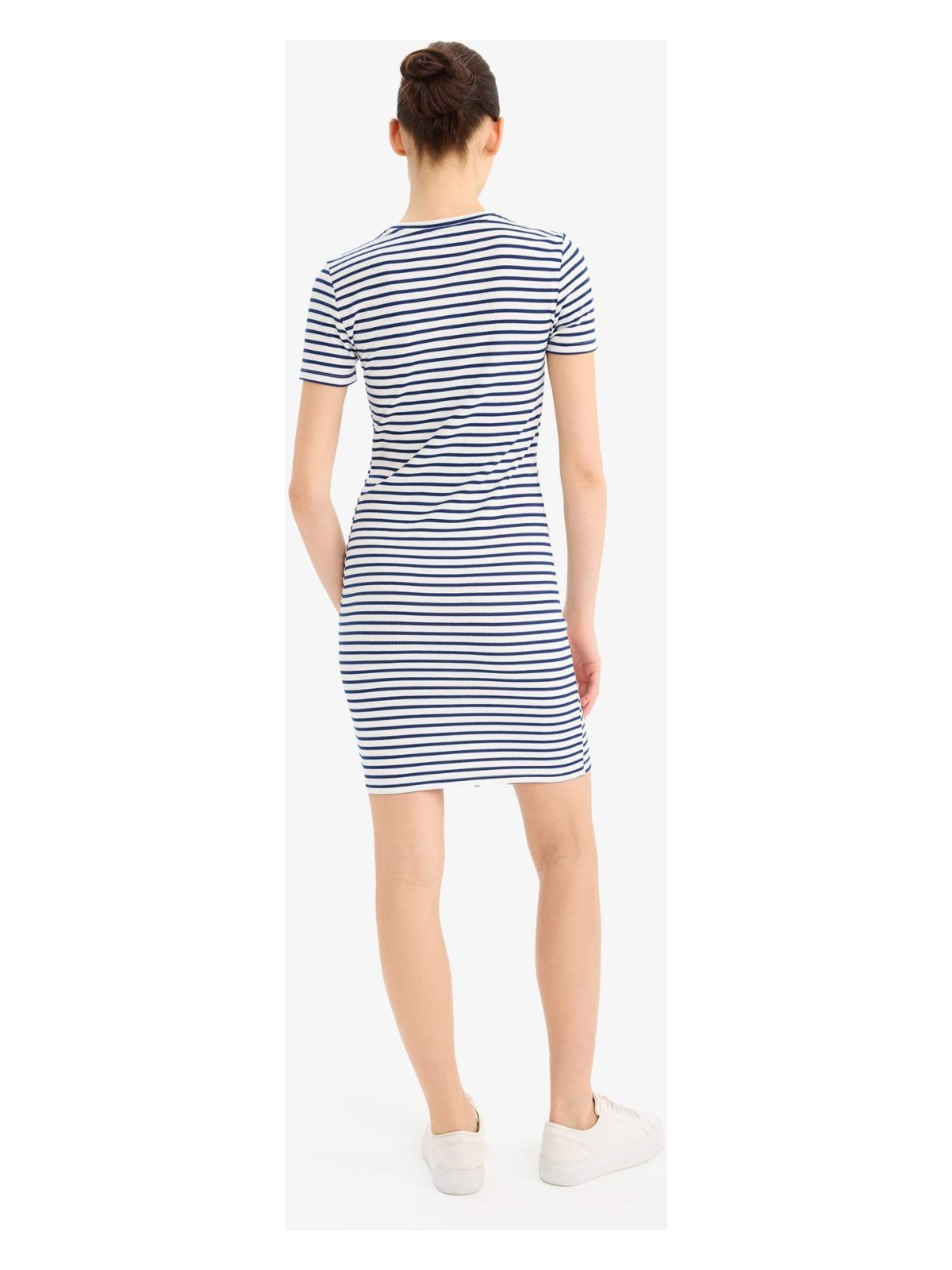 DeFacto Bodycon Vücudu Saran Bisiklet Yaka Çizgili Fitilli Kaşkorse Kısa Kollu Mini Elbise C1733AX25SP - Görsel 6