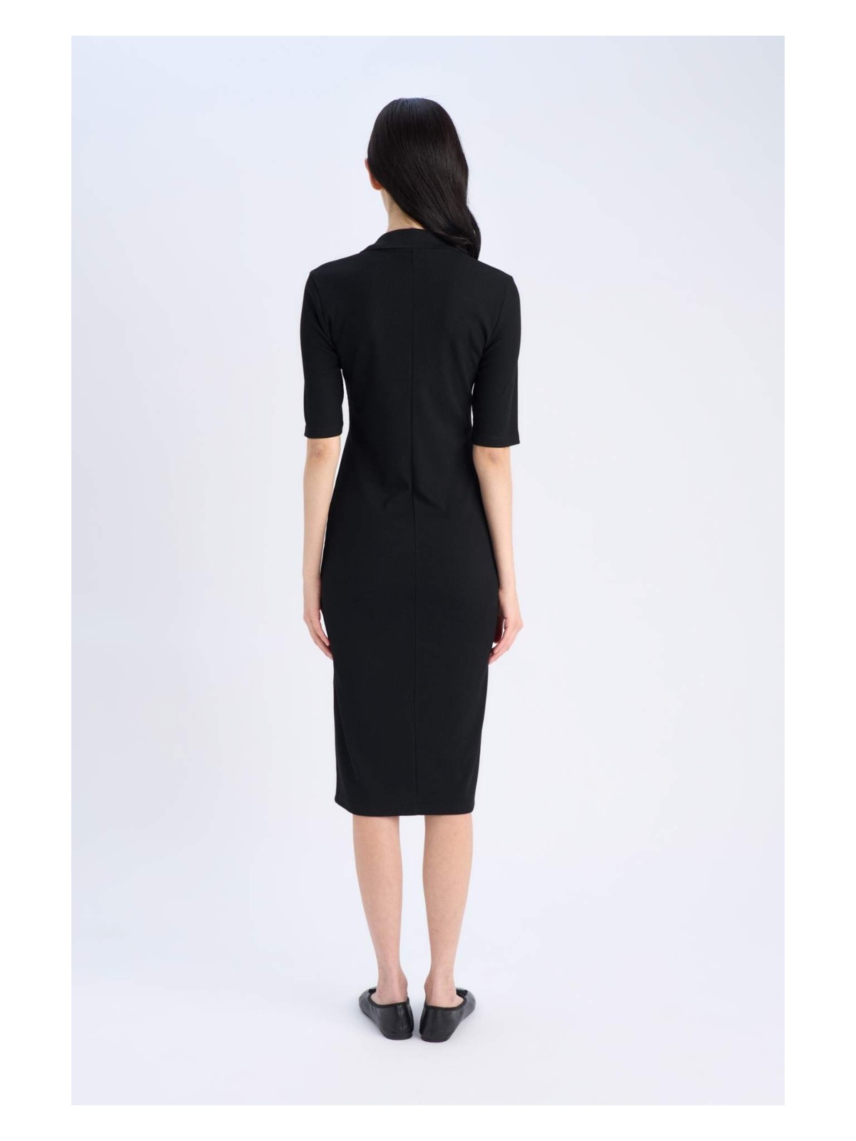 DeFacto Bodycon Vücudu Saran Polo Yaka Fitilli Kaşkorse Kısa Kollu Midi Elbise E6806AX25SP - Görsel 6