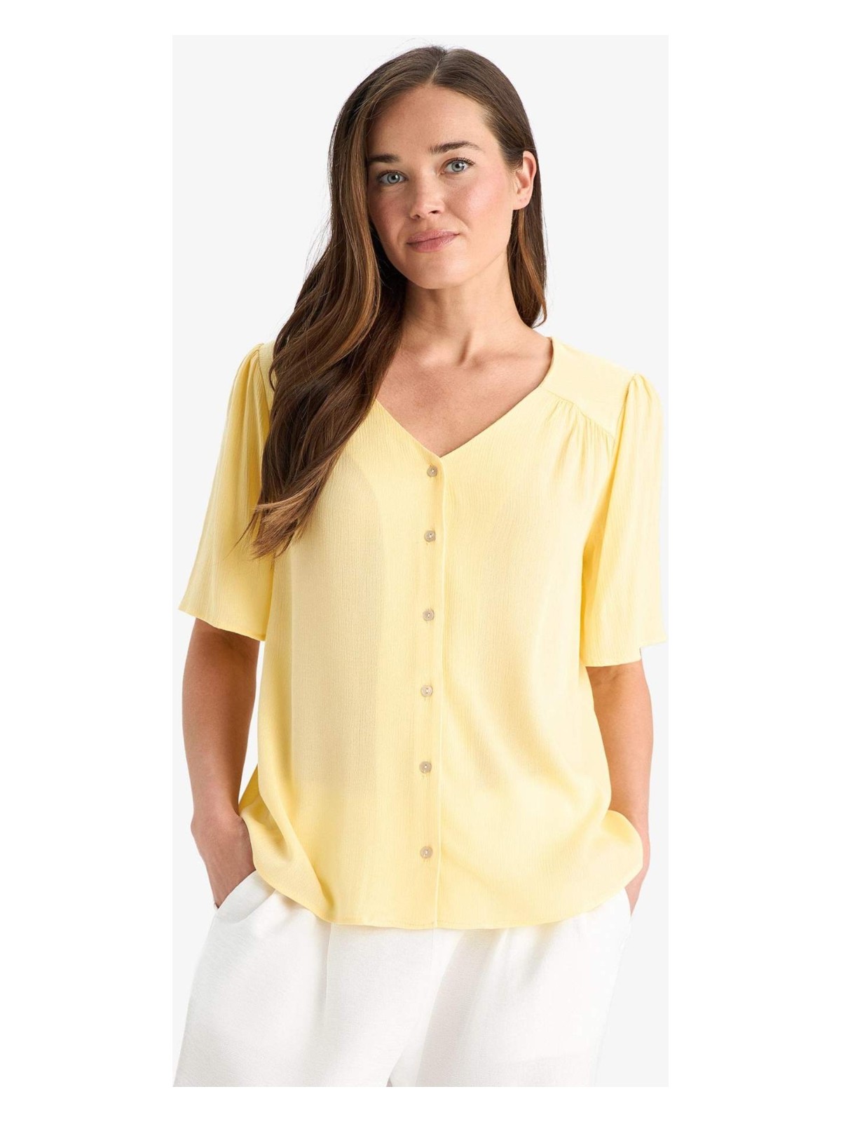 DeFacto Regular Fit V Yaka Krinkıl Viskon Kısa Kollu Gömlek F0996AX25SM - Görsel 7