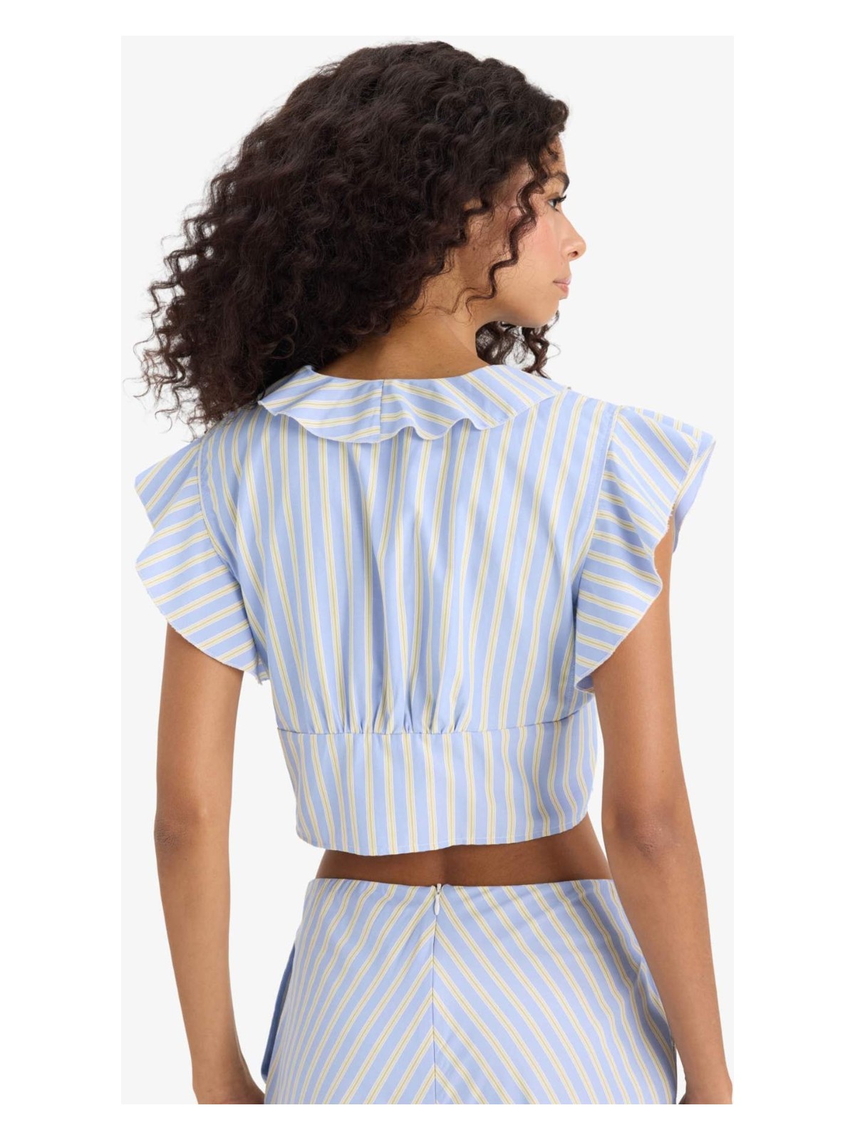 DeFacto Slim Fit Dar Kesim V Yaka Çizgili Önden Bağlamalı Poplin Kolsuz Bluz F6058AX25SM - Görsel 6