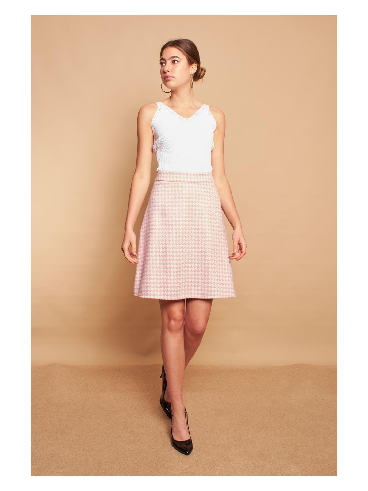 Jument Kadın Tüvit Kumaş Yüksek Bel Çan Etek-Pembe Kazayağı