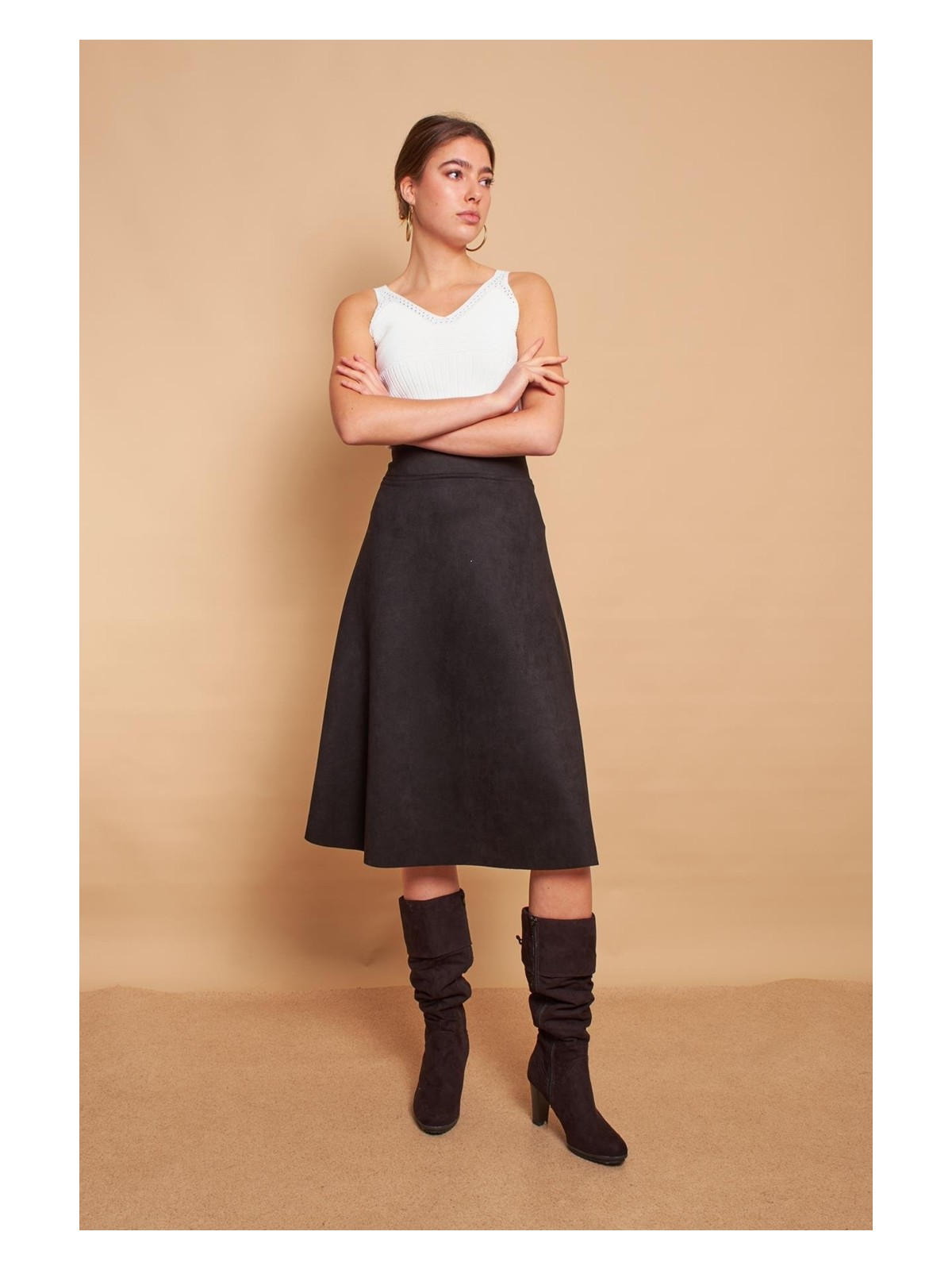 Jument Hafif Likralı Süet Kumaş Yüksek Bel Kiloş Uzun Etek-Siyah