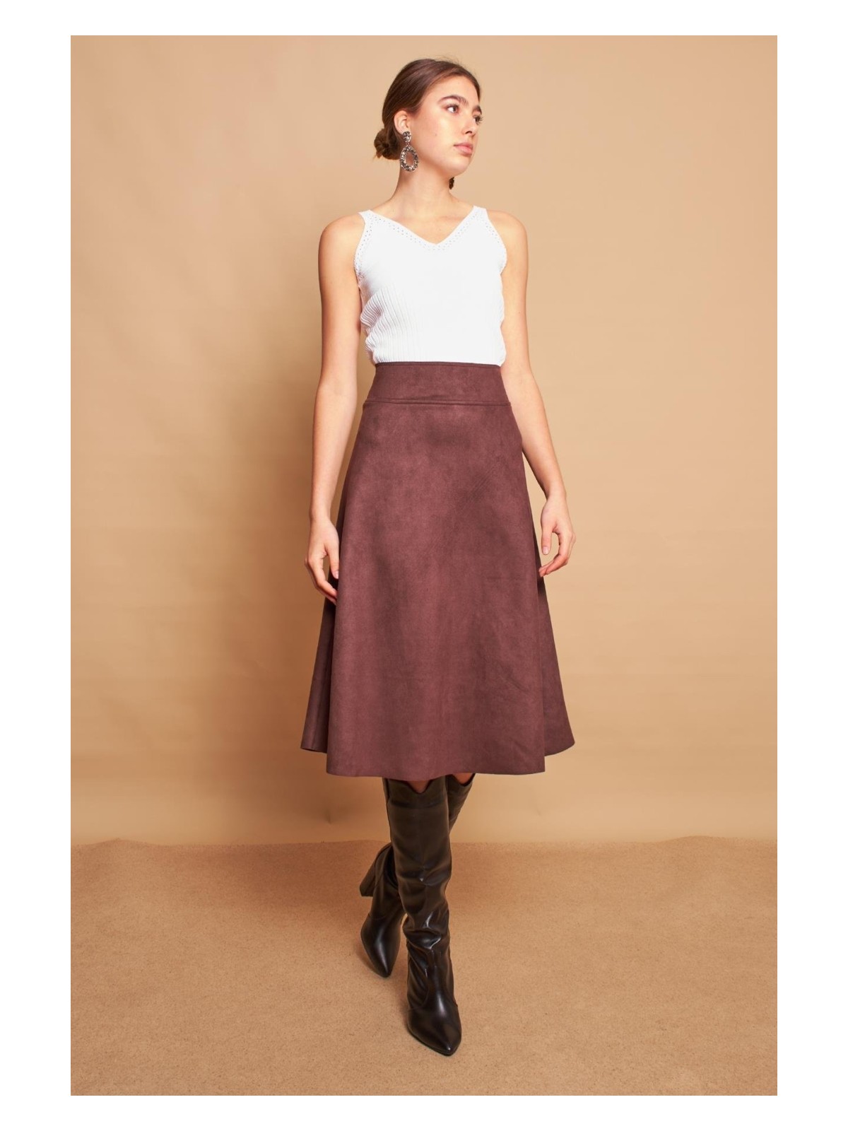 Jument Hafif Likralı Süet Kumaş Yüksek Bel Kiloş Uzun Etek-Siyah - Görsel 6