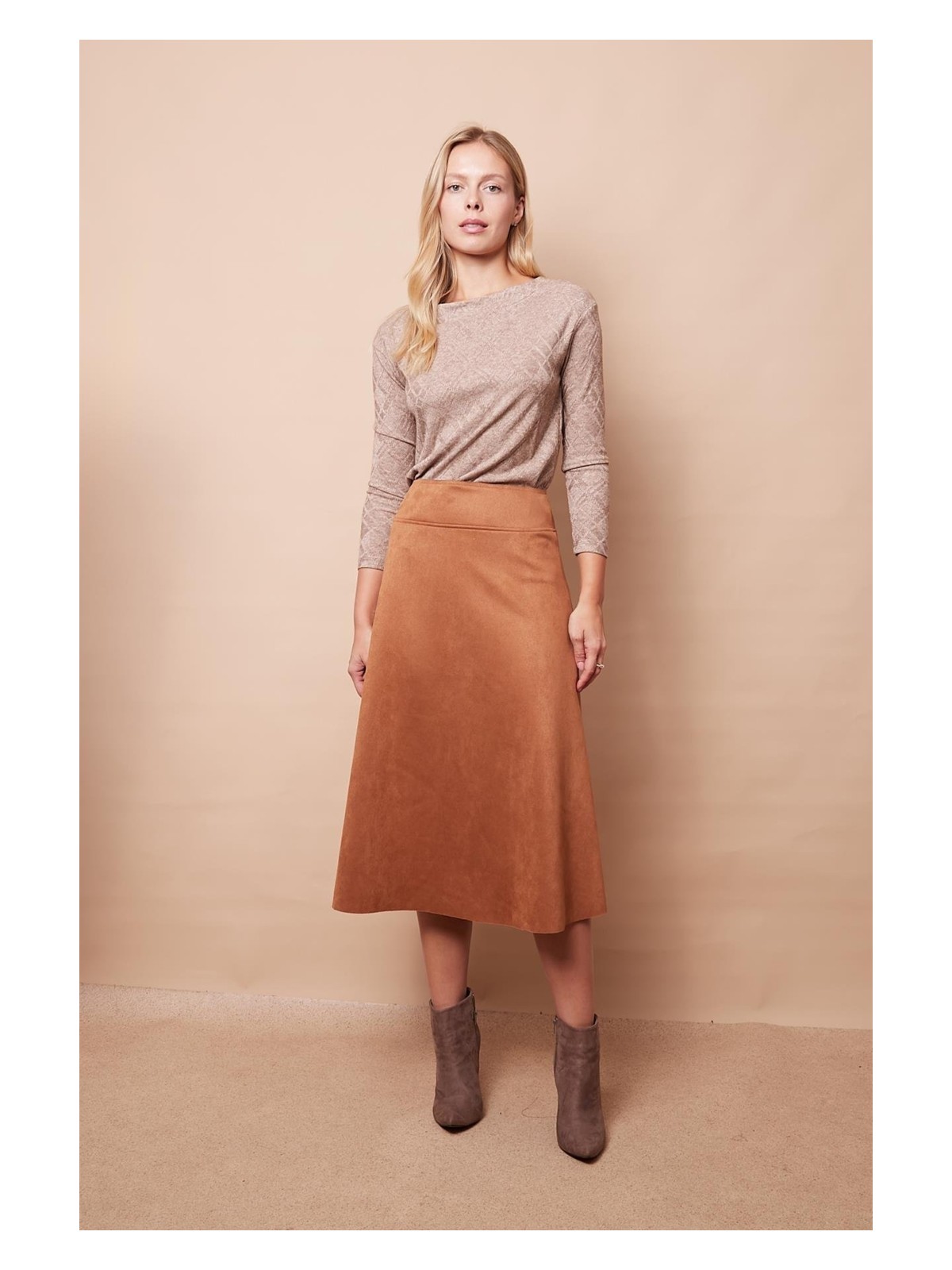 Jument Hafif Likralı Süet Kumaş Yüksek Bel Kiloş Uzun Etek-Siyah - Görsel 7