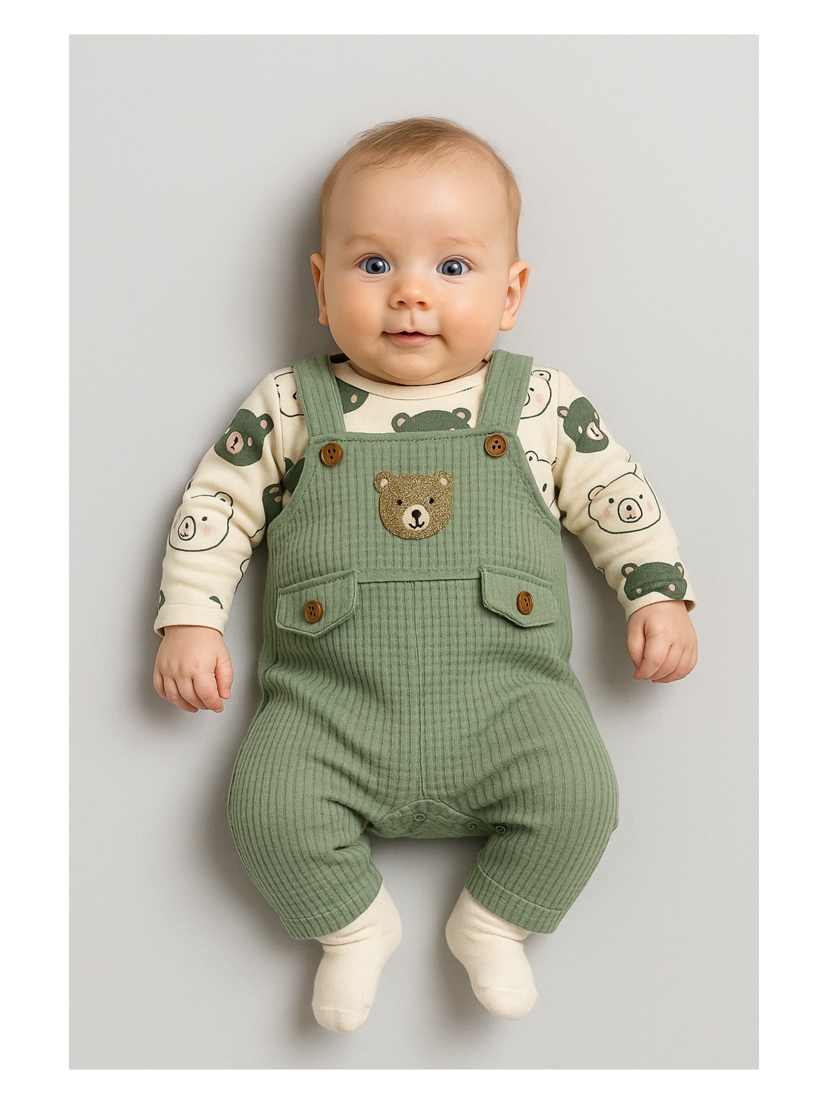 Nafitto Ayı Nakışlı Erkek Bebek Tulum 3’lü Tulum Seti – Zıbın, Tulum ve Çorap | 3-6-9 Ay Bebek Kıyafeti