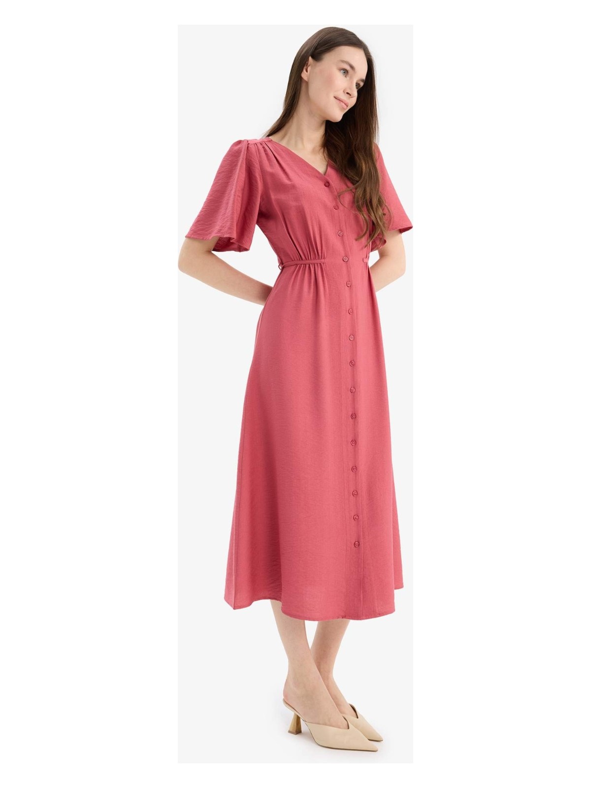 DeFacto A Kesim V Yaka Kısa Kollu Midi Elbise E1128AX25SM