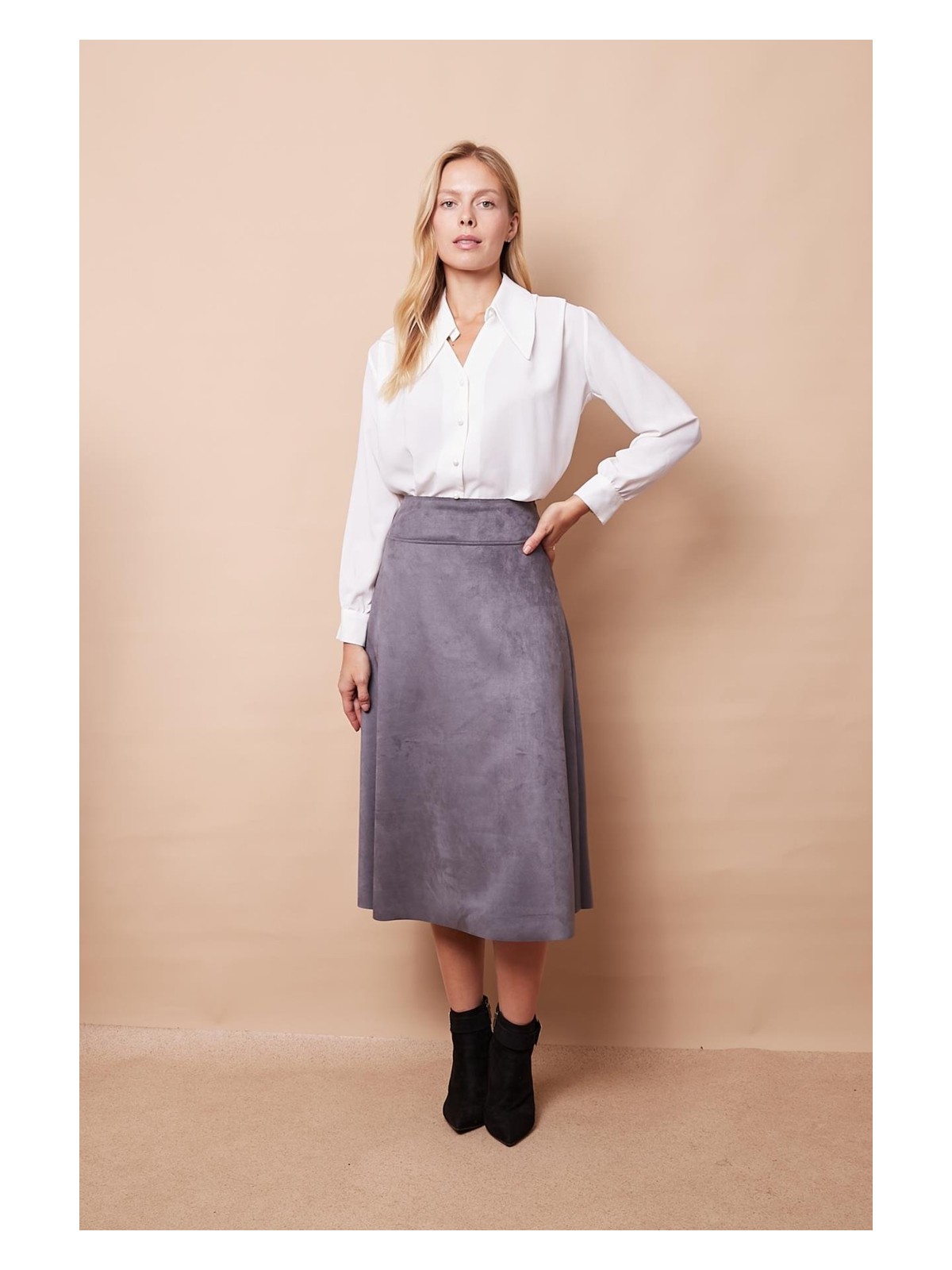 Jument Hafif Likralı Süet Kumaş Yüksek Bel Kiloş Uzun Etek-Siyah - Görsel 5