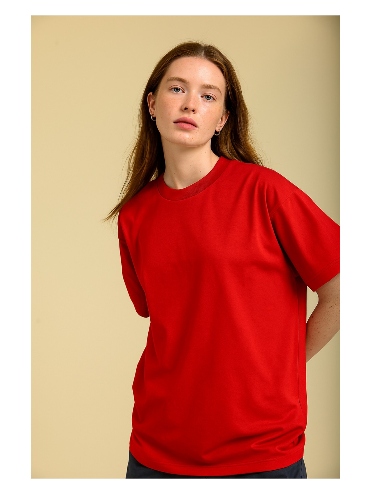 Guaraz Kadın Kırmızı Oversize Bisiklet Yaka %100 Pamuk Düz Basic Yazlık T-Shirt