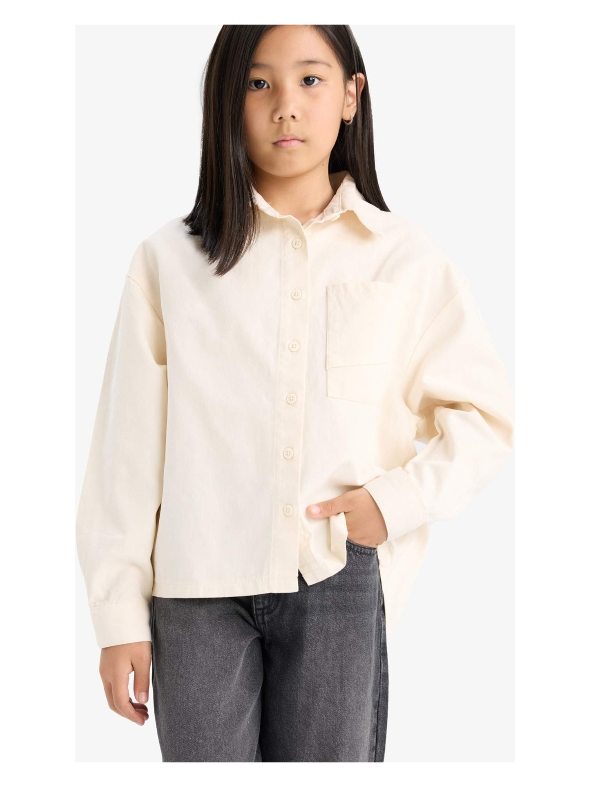 DeFacto Oversize Geniş Kalıp Gabardin Uzun Kollu Gömlek Kız Çocuk E9740A825AU
