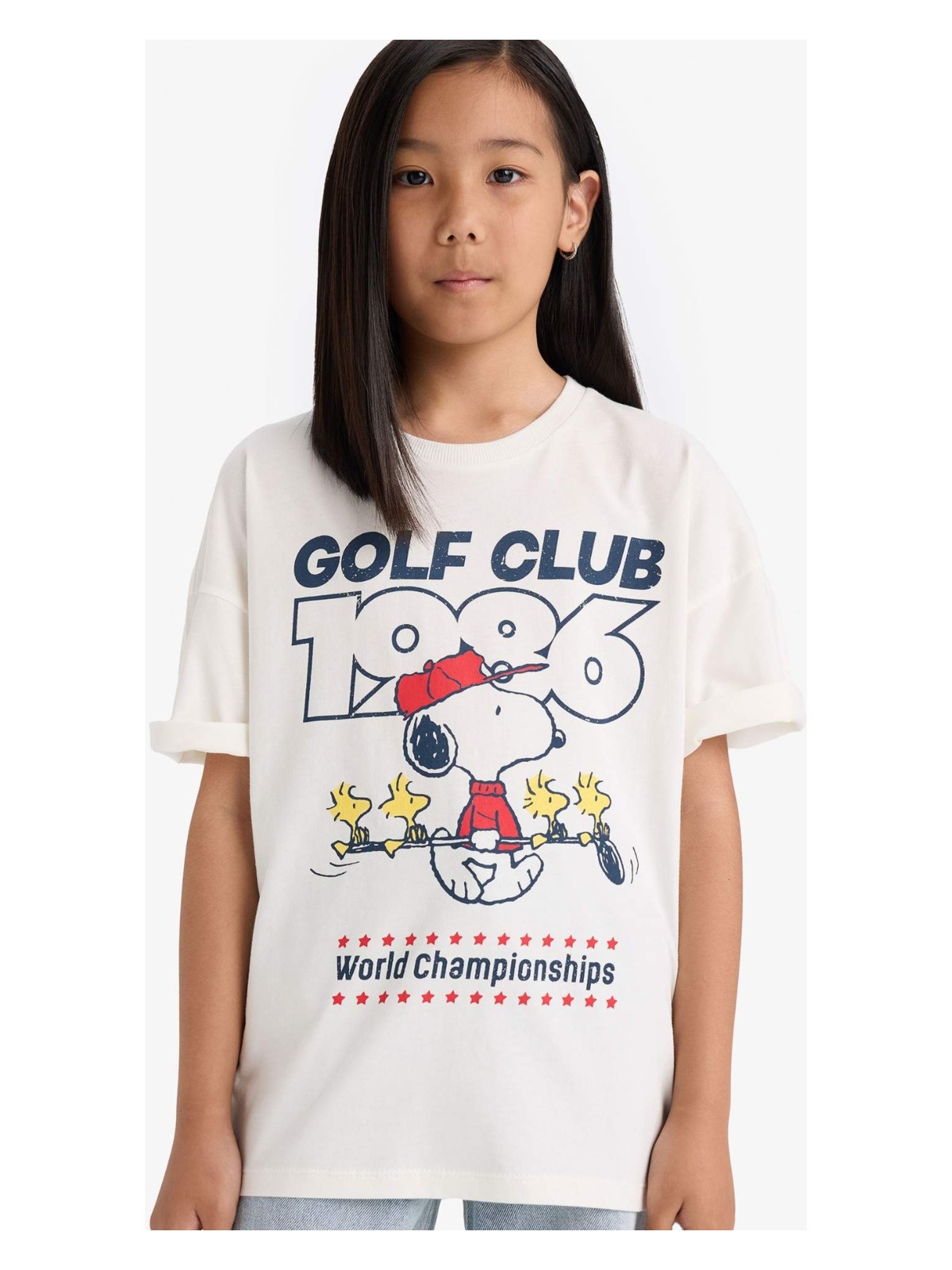 DeFacto Snoopy Oversize Geniş Kalıp Bisiklet Yaka Kısa Kollu Tişört Kız Çocuk E9655A825AU